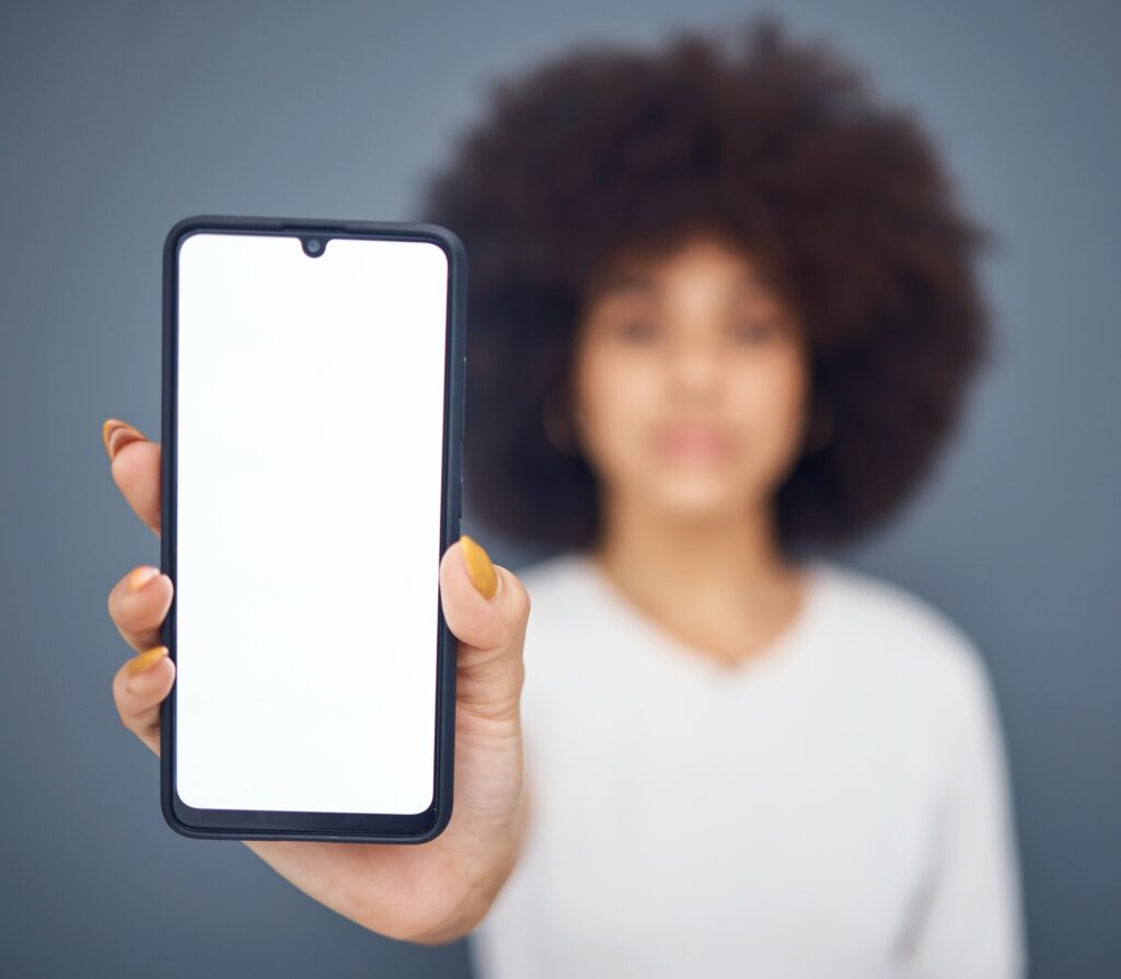 Digital, mockup and phone with hands of black woman for technology, website and internet. Social me