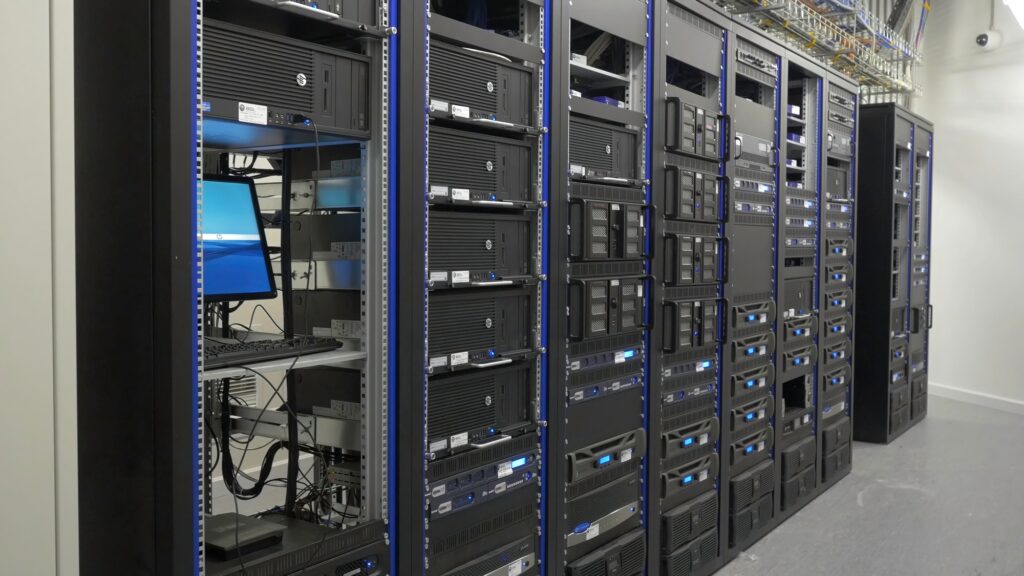 Many powerful servers running in the data center server room. Many servers in a data center. Many